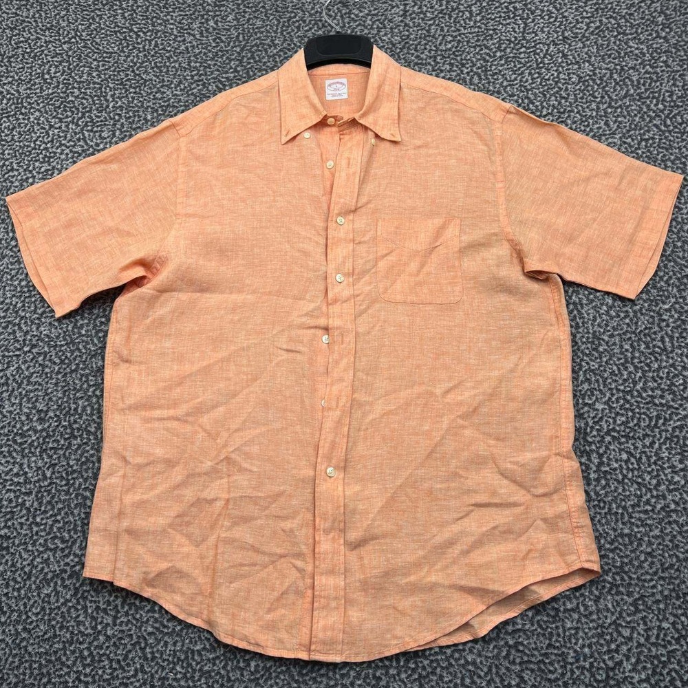 Brooks Brothers Button Down Shirt Men Large Orange Linen Short Sleeve Collared L